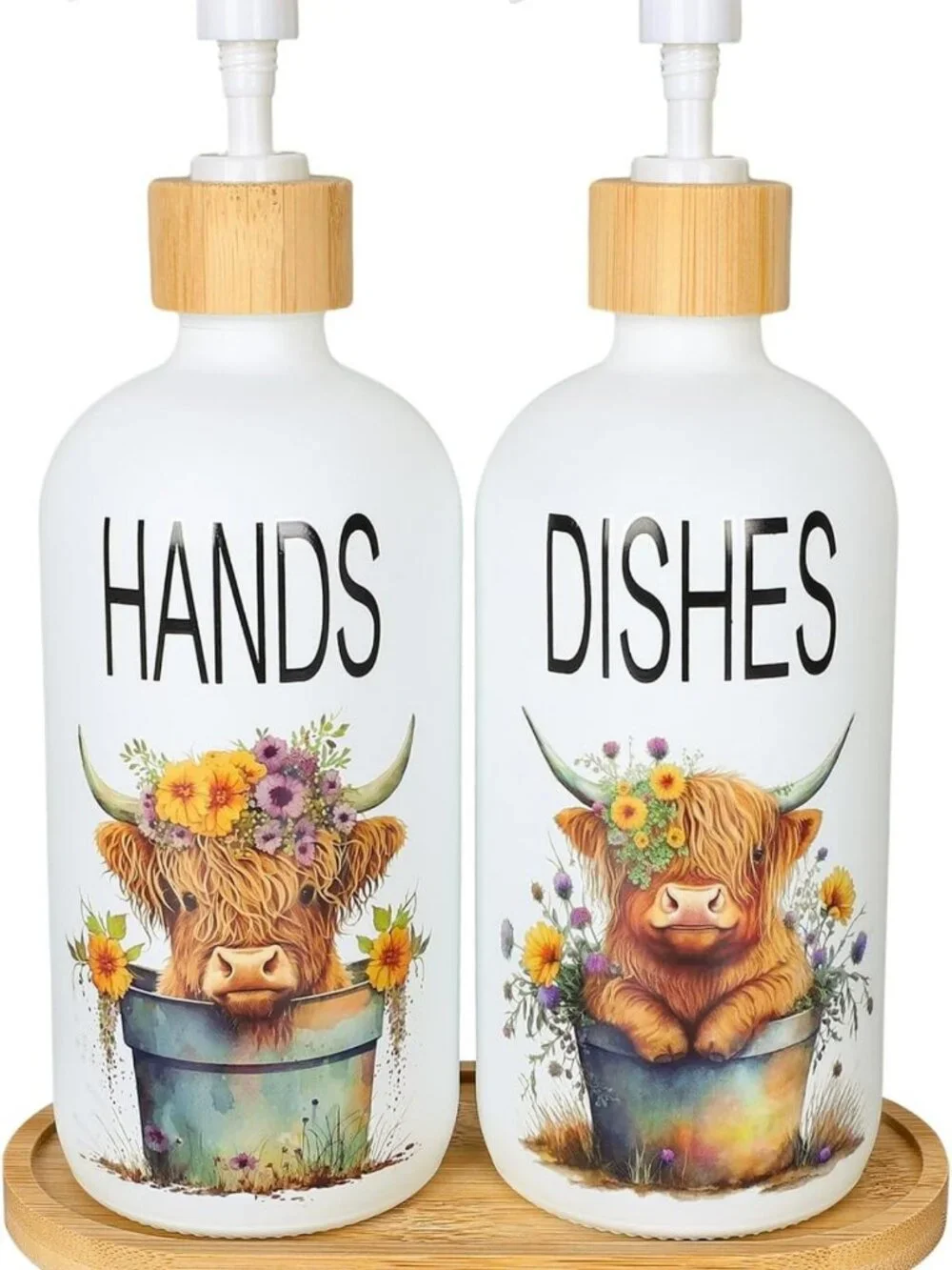 Highland Cow Soap Dispenser Set - Floral Glass Pump for Farmhouse Bathroom